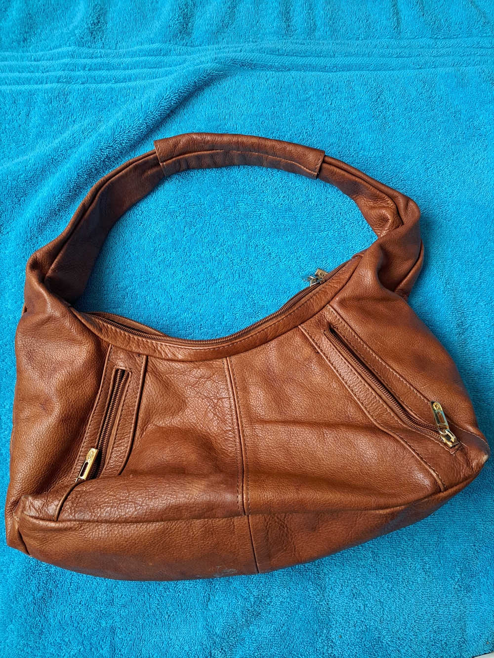 Women's Tan Leather Shoulder Bag with Zip Pockets